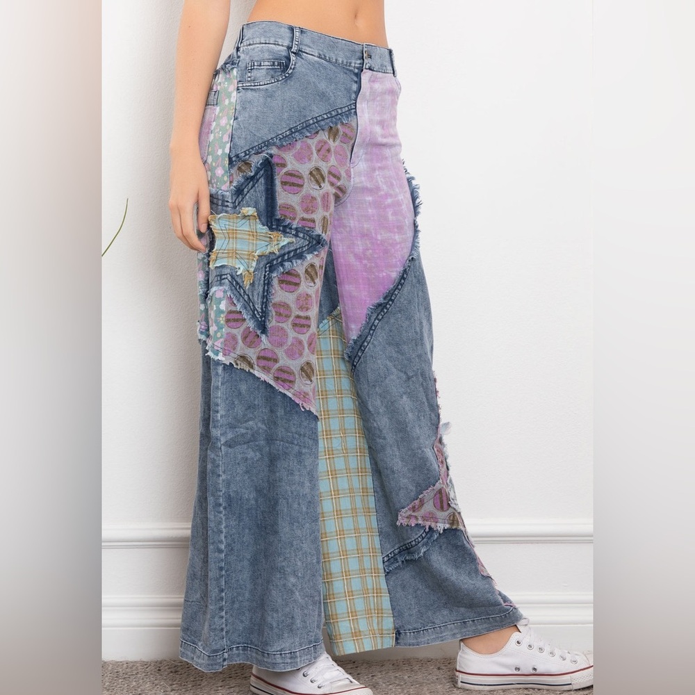 Blue Velvet Star Patchwork Wide Leg Jeans purple tie dye - Picture 3 of 4